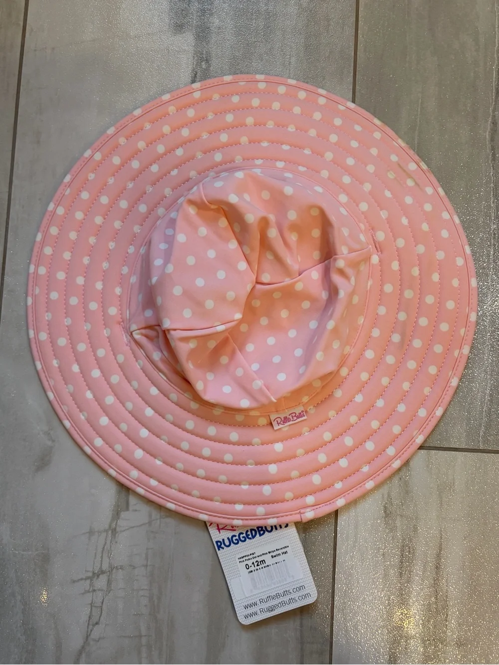 NWT RuffleButts Pink & White Polka Dot UV Protection Sun & Swim Hat Girls 0-12M
